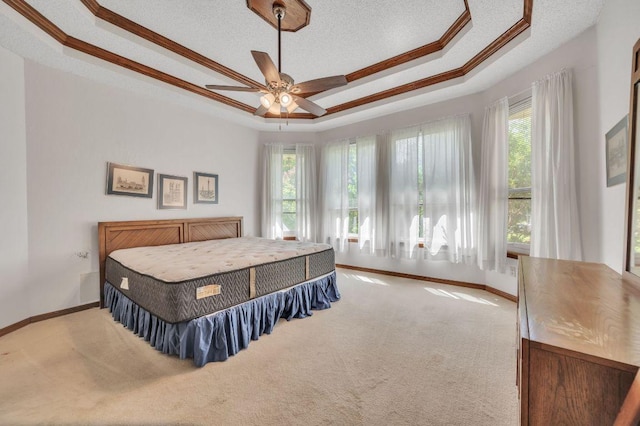 7 Hillway Dr, Round Rock, TX 78664 - bedroom with a tray ceiling, carpet flooring, a textured ceiling, and ceiling fan
