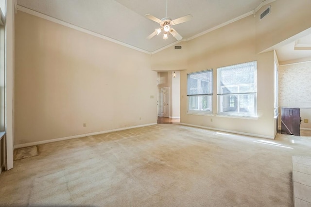 7 Hillway Dr, Round Rock, TX 78664 - spare room featuring ceiling fan, light colored carpet, crown molding, and lofted ceiling