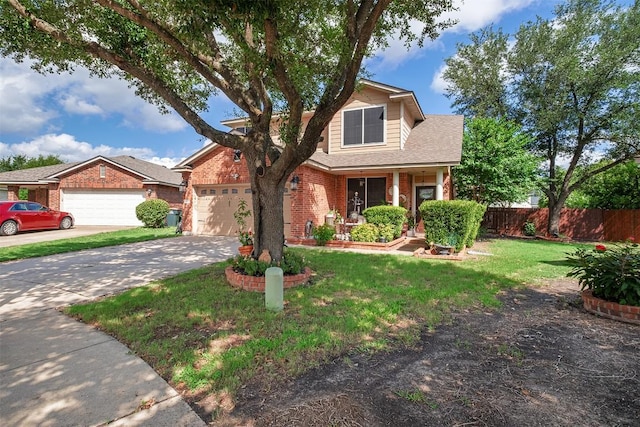 14908 Chamomile Cv, Pflugerville, TX 78660 - traditional-style home featuring brick siding, a porch, concrete driveway, an attached garage, and a shingled roof