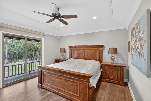 23644 Nameless Rd, Leander, TX 78641 - bedroom with access to outside, light wood-style flooring, a ceiling fan, and recessed lighting