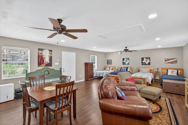 23644 Nameless Rd, Leander, TX 78641 - dining room with attic access, a ceiling fan, recessed lighting, and wood finished floors