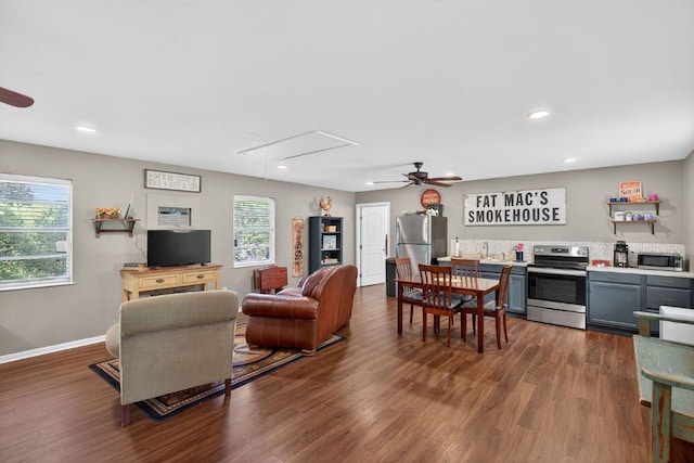 23644 Nameless Rd, Leander, TX 78641 - living room featuring attic access, a ceiling fan, dark wood finished floors, and recessed lighting