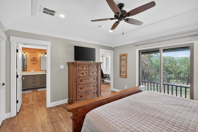 23644 Nameless Rd, Leander, TX 78641 - bedroom featuring access to outside, light wood-style floors, ensuite bath, ornamental molding, and recessed lighting