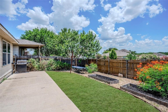 8925 China Rose Dr, Austin, TX 78724 - fenced backyard featuring a garden, a trampoline, and a patio