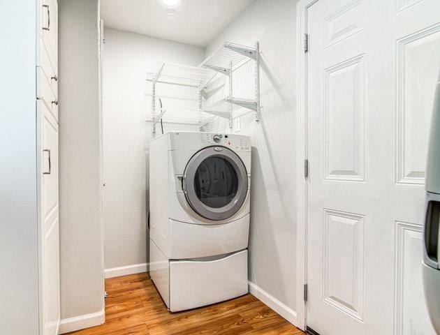 6004 Blythewood Dr, Austin, TX 78745 - laundry room with washer / clothes dryer and light wood-style floors