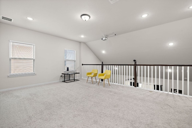 2433 Roaring River Trl, Leander, TX 78641 - living area with carpet flooring, recessed lighting, and lofted ceiling