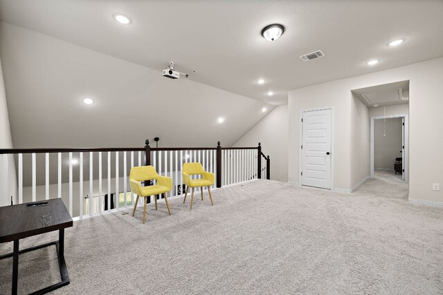2433 Roaring River Trl, Leander, TX 78641 - sitting room with attic access, carpet flooring, lofted ceiling, and recessed lighting