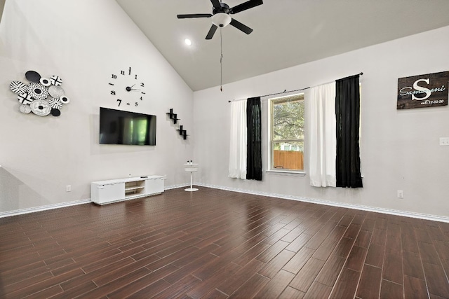 2433 Roaring River Trl, Leander, TX 78641 - unfurnished living room with a ceiling fan, dark wood finished floors, high vaulted ceiling, and recessed lighting