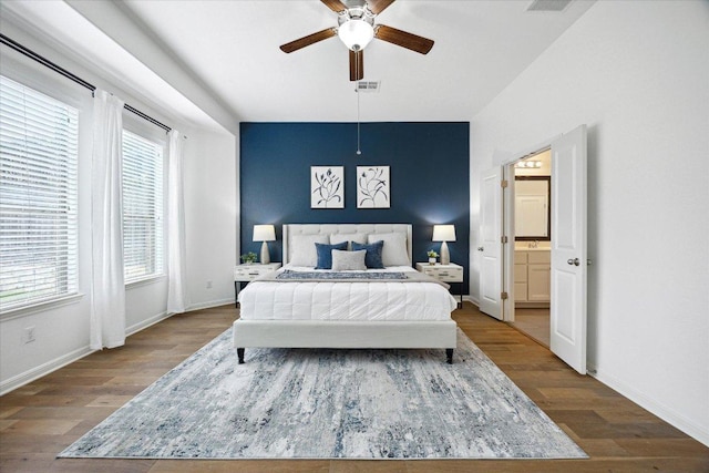 2216 Lookout Knoll Dr, Leander, TX 78641 - bedroom featuring wood finished floors, ceiling fan, and ensuite bathroom