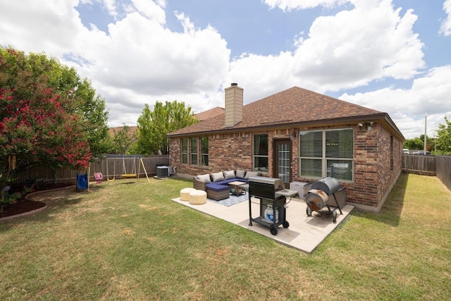 901 Water Hyacinth Loop, Leander, TX 78641 - back of house with brick siding, outdoor lounge area, a fenced backyard, a chimney, and a shingled roof
