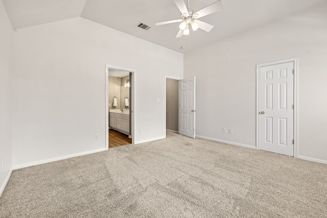 2604 Zambia Dr, Cedar Park, TX 78613 - unfurnished bedroom featuring carpet floors, vaulted ceiling, ensuite bathroom, and ceiling fan