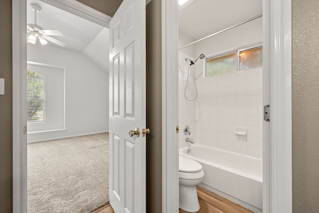 2604 Zambia Dr, Cedar Park, TX 78613 - full bath featuring bathtub / shower combination, lofted ceiling, a ceiling fan, and wood finished floors