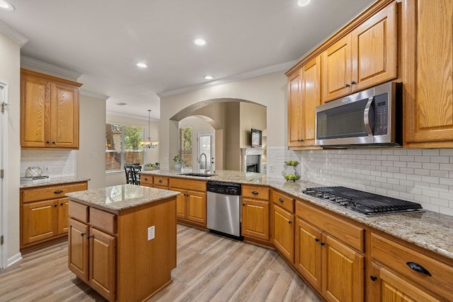 2604 Zambia Dr, Cedar Park, TX 78613 - kitchen featuring stainless steel appliances, ornamental molding, recessed lighting, a peninsula, and light wood-style flooring