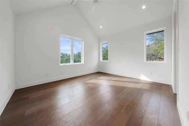 12120 Fitzhugh Pl, Dripping Springs, TX 78620 - unfurnished room featuring hardwood / wood-style flooring, a ceiling fan, high vaulted ceiling, and recessed lighting