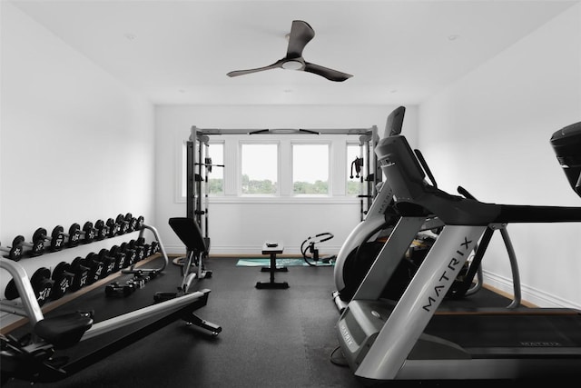 2005 Far Gallant Dr, Austin, TX 78746 - workout room with baseboards and ceiling fan
