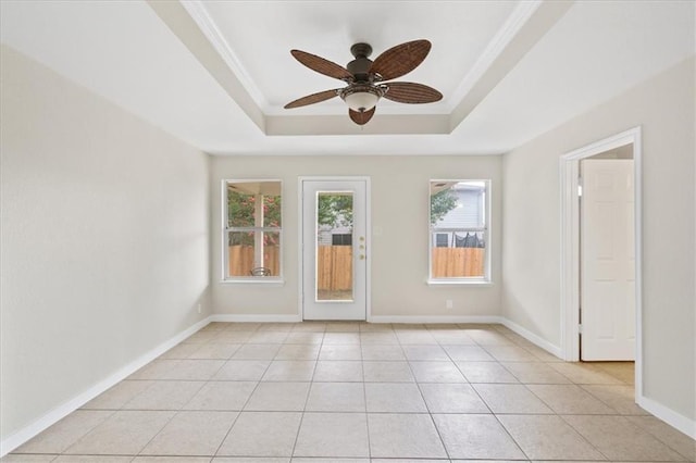 1804 Fairweather Way, Cedar Park, TX 78613 - empty room with a tray ceiling, ceiling fan, and light tile patterned floors