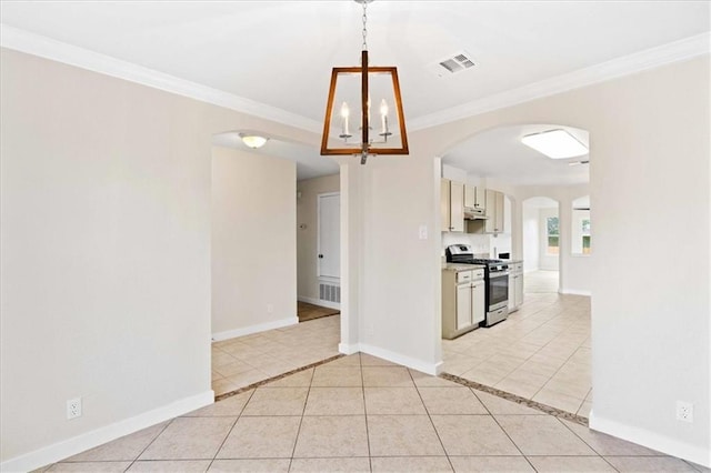 1804 Fairweather Way, Cedar Park, TX 78613 - empty room with arched walkways, light tile patterned floors, a chandelier, crown molding, and inlaid floor details