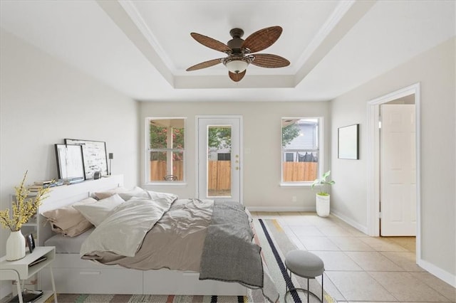 1804 Fairweather Way, Cedar Park, TX 78613 - bedroom with a raised ceiling, light tile patterned floors, access to exterior, and a ceiling fan