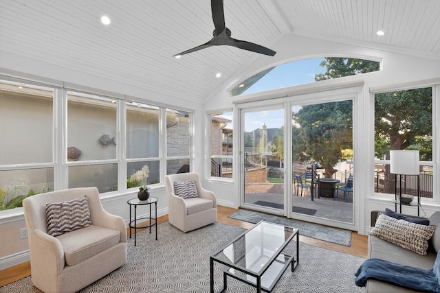 3000 Driftwood Ln, Horseshoe Bay, TX 78657 - sunroom / solarium featuring wood finished floors, vaulted ceiling, recessed lighting, wood ceiling, and ceiling fan