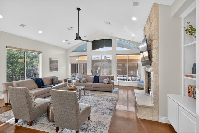3000 Driftwood Ln, Horseshoe Bay, TX 78657 - living room with vaulted ceiling, recessed lighting, and a premium fireplace