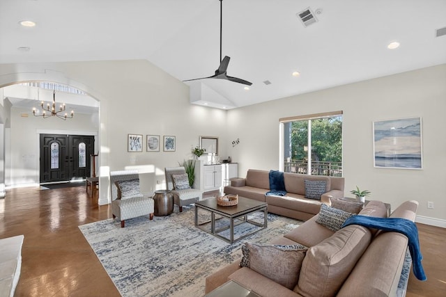 3000 Driftwood Ln, Horseshoe Bay, TX 78657 - living area with arched walkways, high vaulted ceiling, a chandelier, a ceiling fan, and recessed lighting
