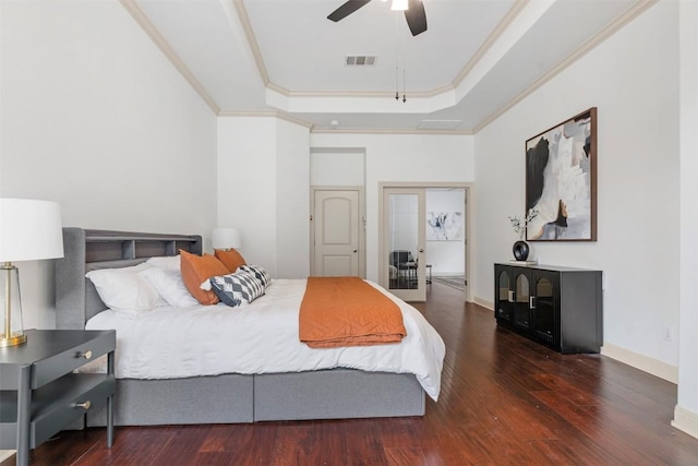 7608 Journeyville Dr, Austin, TX 78735 - bedroom with a raised ceiling, wood finished floors, ornamental molding, and ceiling fan