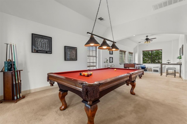 7608 Journeyville Dr, Austin, TX 78735 - recreation room featuring light carpet, lofted ceiling, a ceiling fan, arched walkways, and pool table