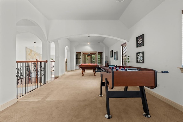 7608 Journeyville Dr, Austin, TX 78735 - game room with carpet, pool table, lofted ceiling, and arched walkways