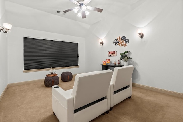 7608 Journeyville Dr, Austin, TX 78735 - home theater room with carpet flooring, ceiling fan, and lofted ceiling