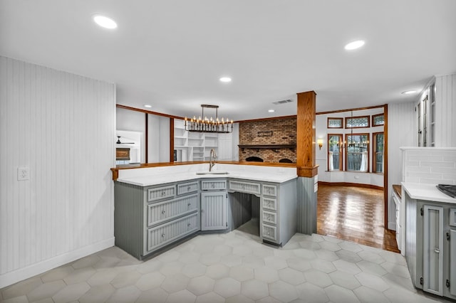 1806 S Main St, Georgetown, TX 78626 - kitchen featuring gray cabinetry, recessed lighting, open floor plan, light tile patterned flooring, and pendant lighting