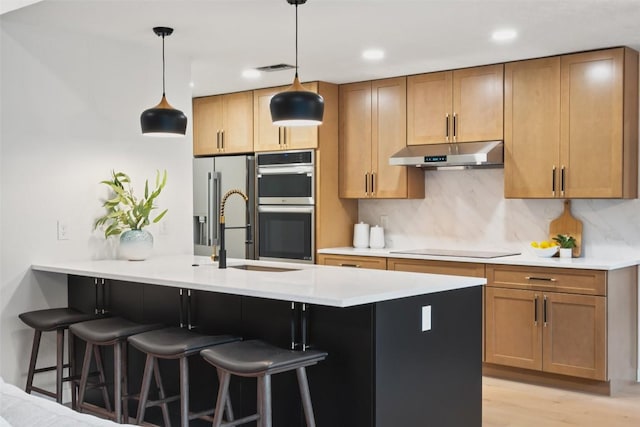 506 Explorer, Lakeway, TX 78734 - kitchen featuring under cabinet range hood, stainless steel appliances, a kitchen breakfast bar, a peninsula, and decorative light fixtures