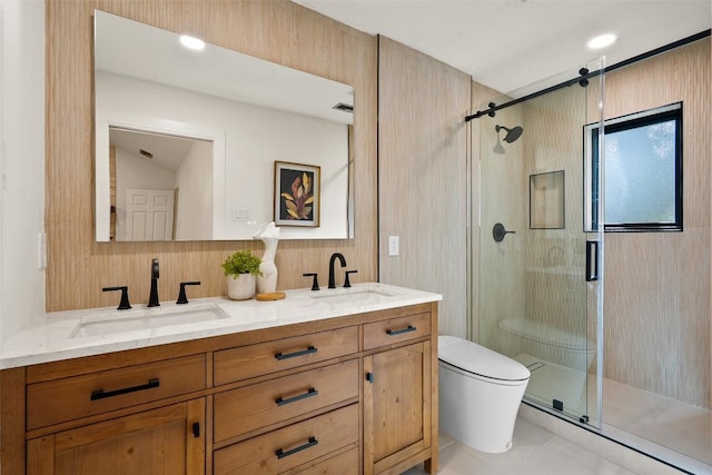 506 Explorer, Lakeway, TX 78734 - bathroom with a stall shower, double vanity, and tile patterned floors
