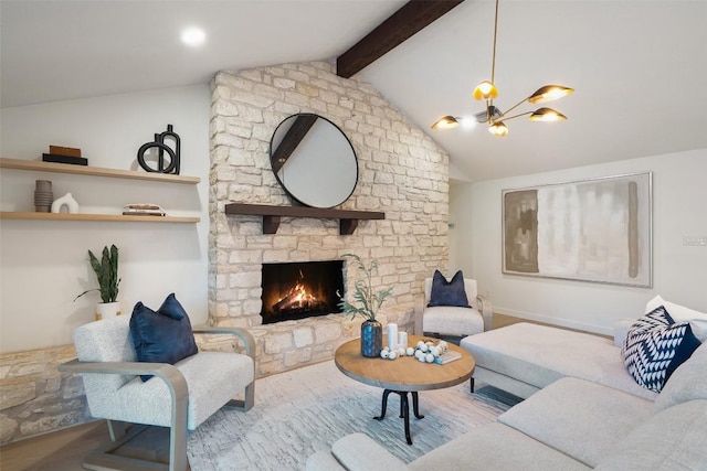 506 Explorer, Lakeway, TX 78734 - living area featuring a chandelier and a stone fireplace