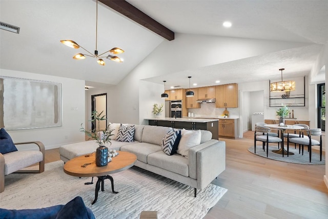 506 Explorer, Lakeway, TX 78734 - living area featuring a chandelier, light wood finished floors, beamed ceiling, high vaulted ceiling, and recessed lighting
