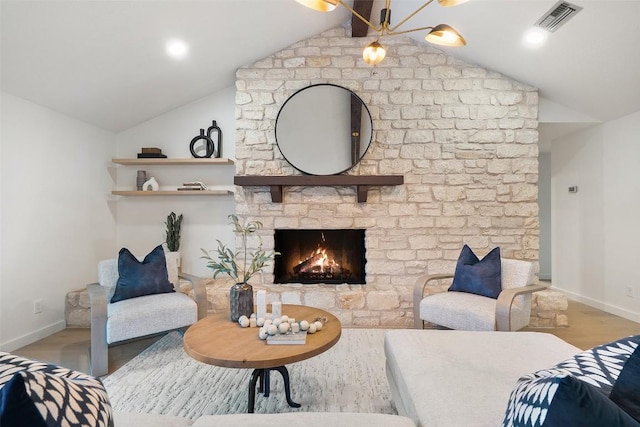 506 Explorer, Lakeway, TX 78734 - living room featuring vaulted ceiling, a fireplace, and wood finished floors