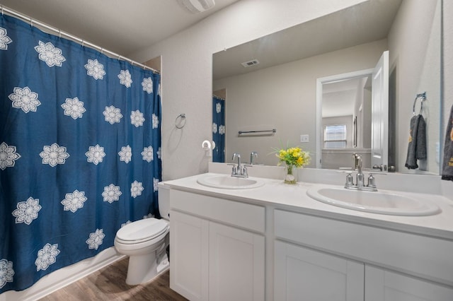17418 Gabbro Dr, Pflugerville, TX 78660 - bathroom with double vanity, wood finished floors, and a shower with shower curtain