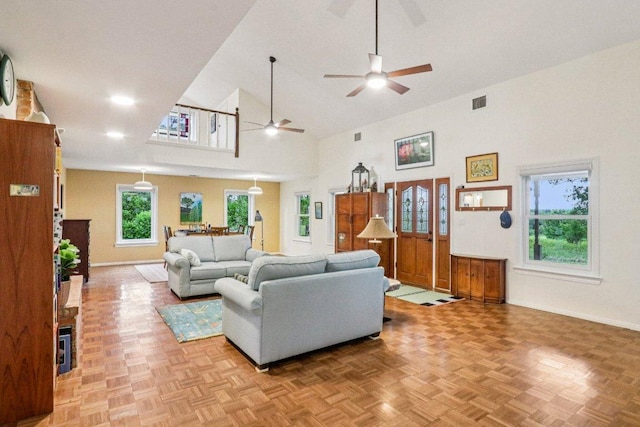 428 Gotier Trace Rd, Smithville, TX 78957 - living room with a ceiling fan and high vaulted ceiling