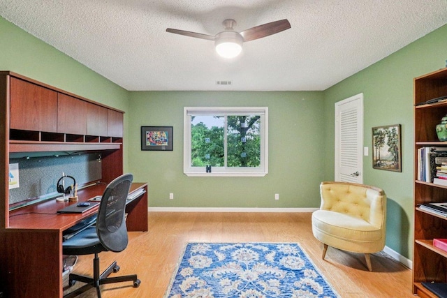 428 Gotier Trace Rd, Smithville, TX 78957 - office featuring wood finished floors, a ceiling fan, and a textured ceiling