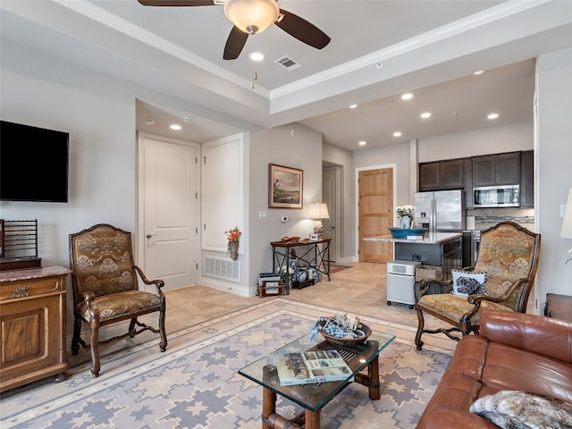 106 Bella Toscana Ave Unit 3204, Lakeway, TX 78734 - living area with a ceiling fan, crown molding, and recessed lighting