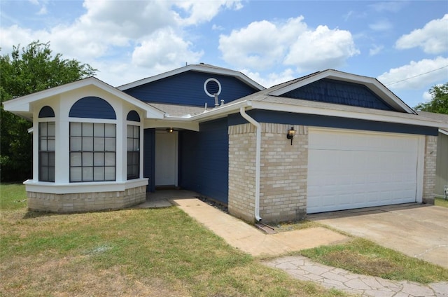 2200 Frontier Trl, Round Rock, TX 78681 - ranch-style home with an attached garage, brick siding, driveway, a front lawn, and roof with shingles