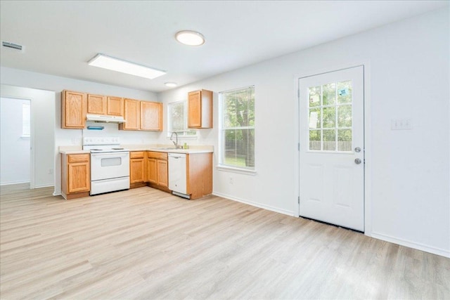 618 Lavaca Loop, Elgin, TX 78621 - kitchen featuring white appliances, light wood-style flooring, light countertops, and under cabinet range hood