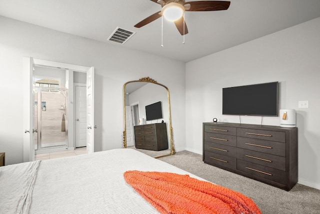 2705 Grizzly Way, Leander, TX 78641 - bedroom featuring light carpet, a ceiling fan, and ensuite bathroom
