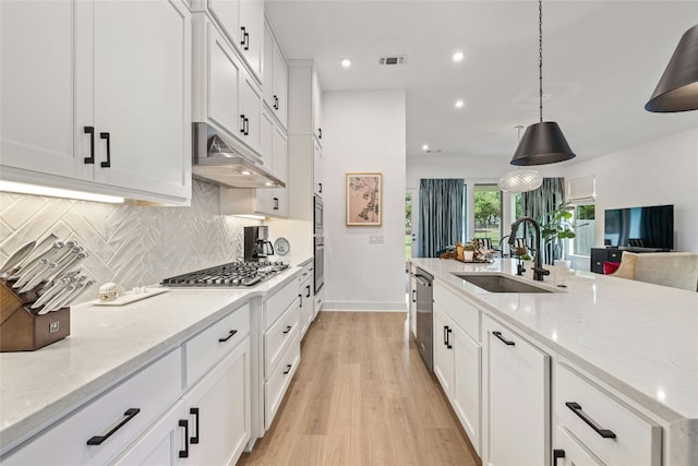 1122 Silver Dollar Trl, Georgetown, TX 78628 - kitchen with under cabinet range hood, appliances with stainless steel finishes, light wood-type flooring, decorative backsplash, and white cabinetry