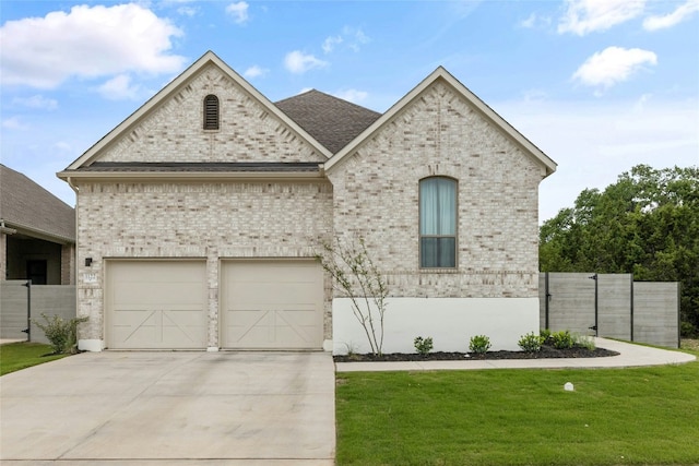 1122 Silver Dollar Trl, Georgetown, TX 78628 - french country home featuring driveway, brick siding, an attached garage, and a shingled roof