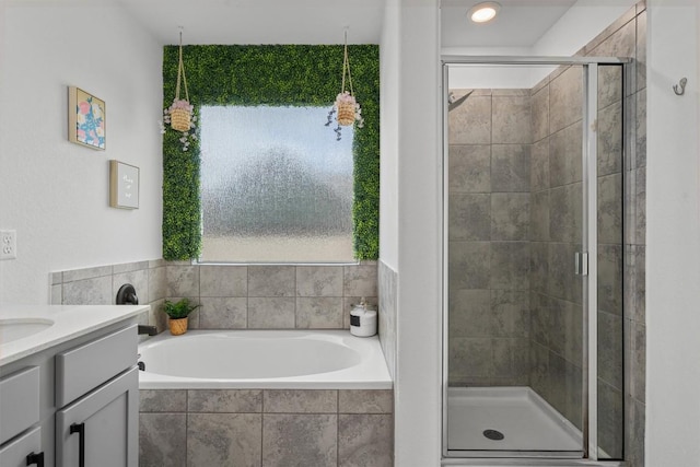 245 Red Buckeye Loop, Liberty Hill, TX 78642 - full bathroom featuring a garden tub, a shower stall, and vanity