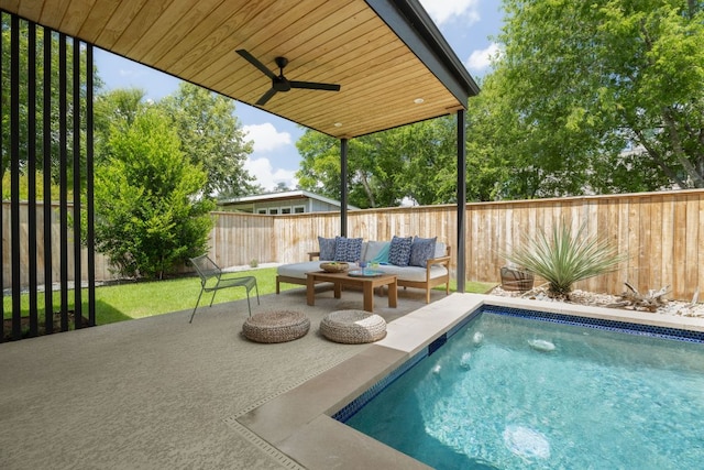 1911 Piedmont Ave, Austin, TX 78757 - view of swimming pool featuring a fenced backyard, outdoor lounge area, ceiling fan, and a patio area