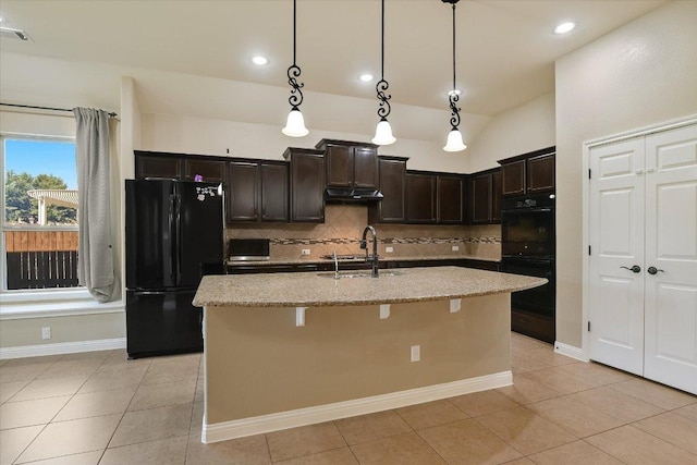 2944 Saint Federico Way, Round Rock, TX 78665 - kitchen featuring black appliances, tasteful backsplash, light stone countertops, under cabinet range hood, and light tile patterned flooring