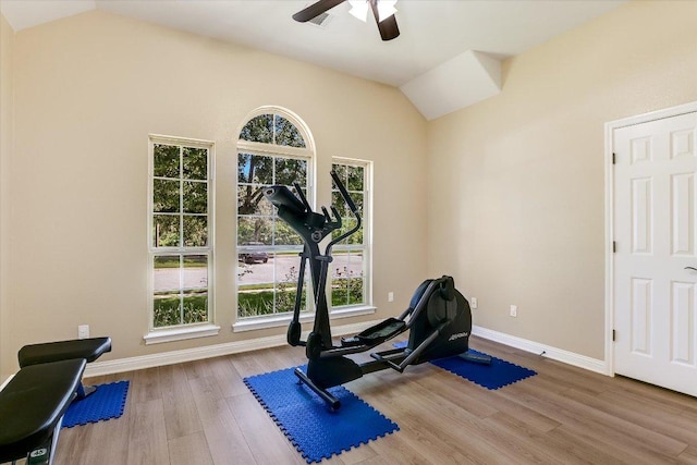 2944 Saint Federico Way, Round Rock, TX 78665 - workout area with vaulted ceiling, wood finished floors, and a ceiling fan