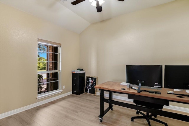 2944 Saint Federico Way, Round Rock, TX 78665 - office featuring ceiling fan, light wood-style flooring, and lofted ceiling