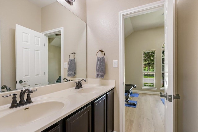 2944 Saint Federico Way, Round Rock, TX 78665 - full bathroom with wood finished floors, double vanity, and vaulted ceiling